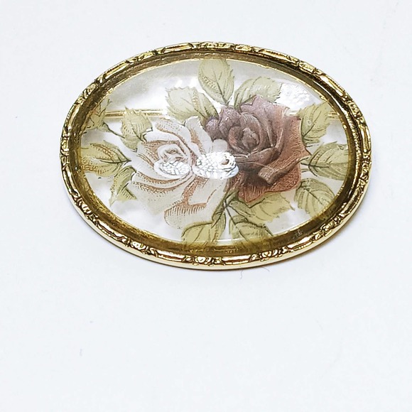 Vintage Clear Glass Rose Brooch 1.5" Gold Rim Flower (jb3) - Picture 3 of 5